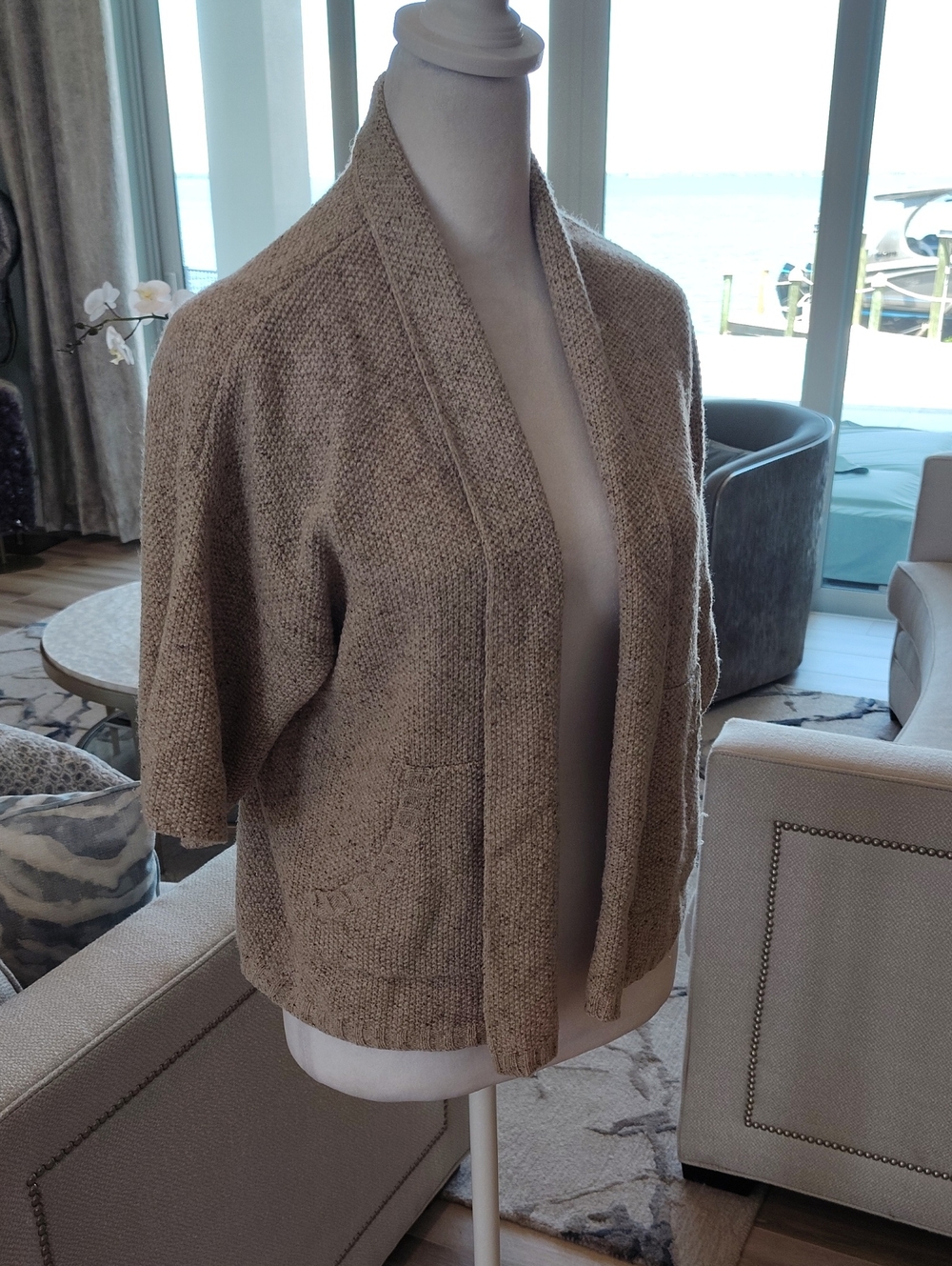 Eileen Fisher Open-Front Short-Sleeve Cropped Cardigan - Taupe